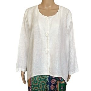 Transparente White Linen Lagenlook Shirt Jacket w/ Asymmetric Hem  XXL